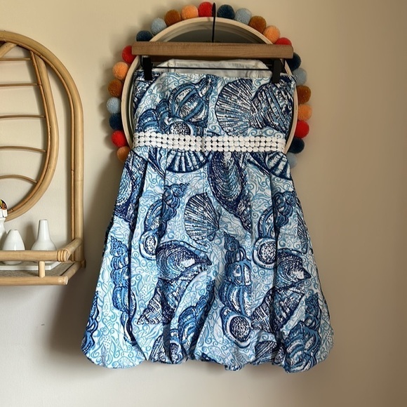 Y2K Lilly Pulitzer Regency True Blue Seashells Bubble Strapless Mini Dress - Picture 4 of 8